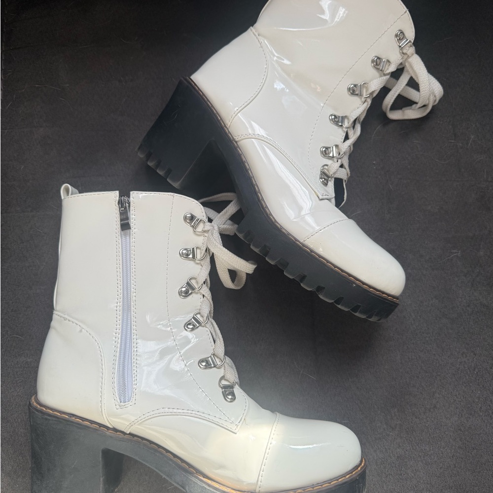 Elegant White Patent Lace-Up Boots